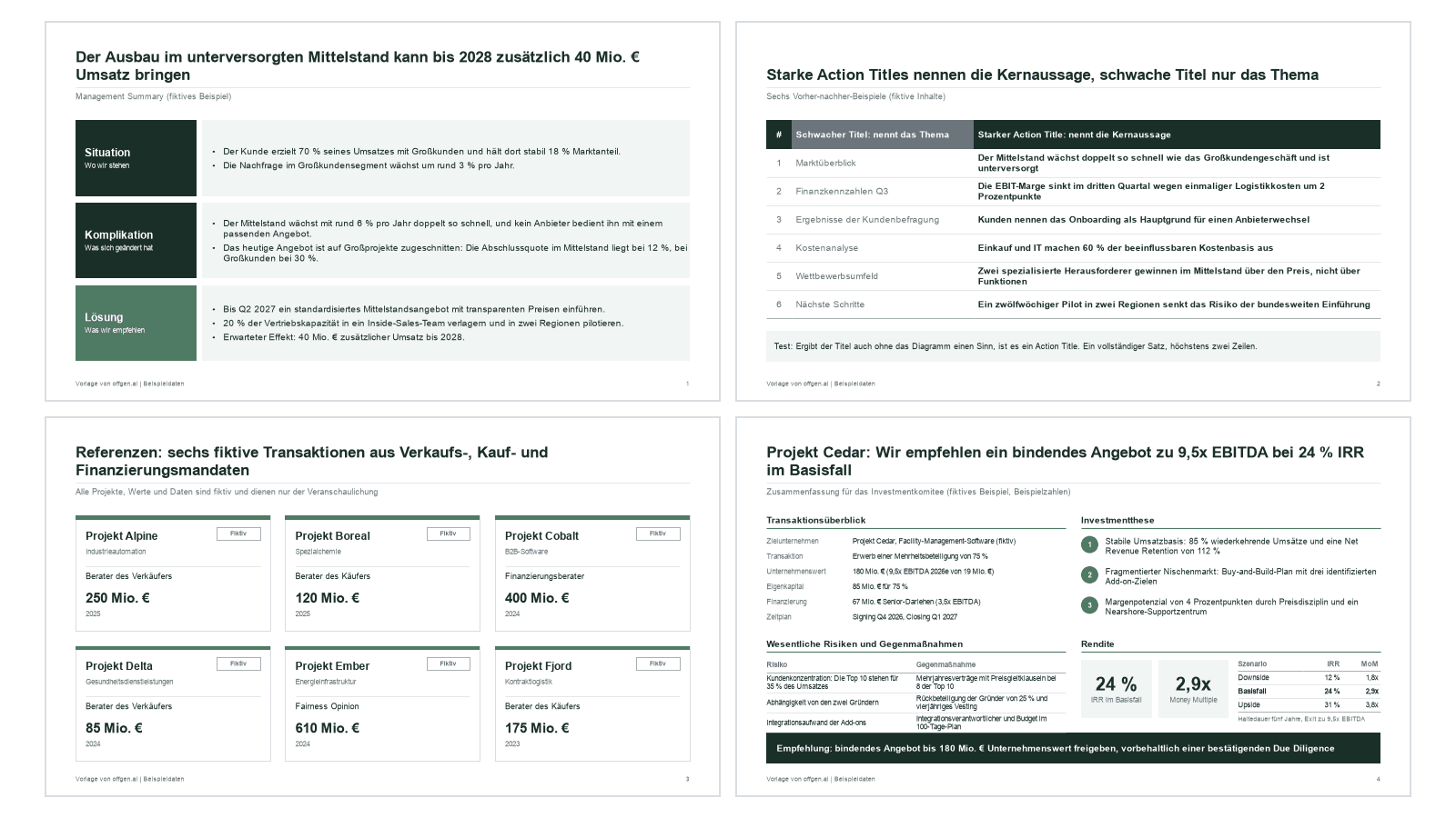Vorschau des Beratungs-Folienpakets mit Executive Summary, Tabelle mit Action Titles, Tombstone-Raster, Investment-Committee-Zusammenfassung, Issue Tree und nächsten Schritten