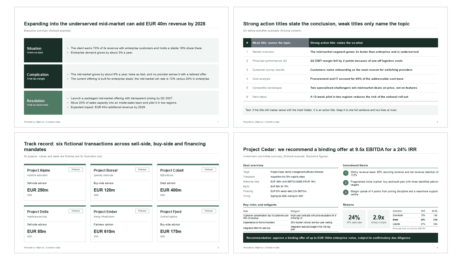 Preview of the consulting slide pack with executive summary, action title table, tombstone grid, investment committee summary, issue tree and next steps slides