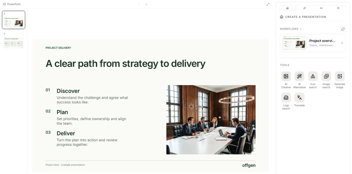 A slide in PowerPoint with the offgen task pane on the right. The Home tab shows a workflow and tools such as AI Creative, AI Alternative and Translate.