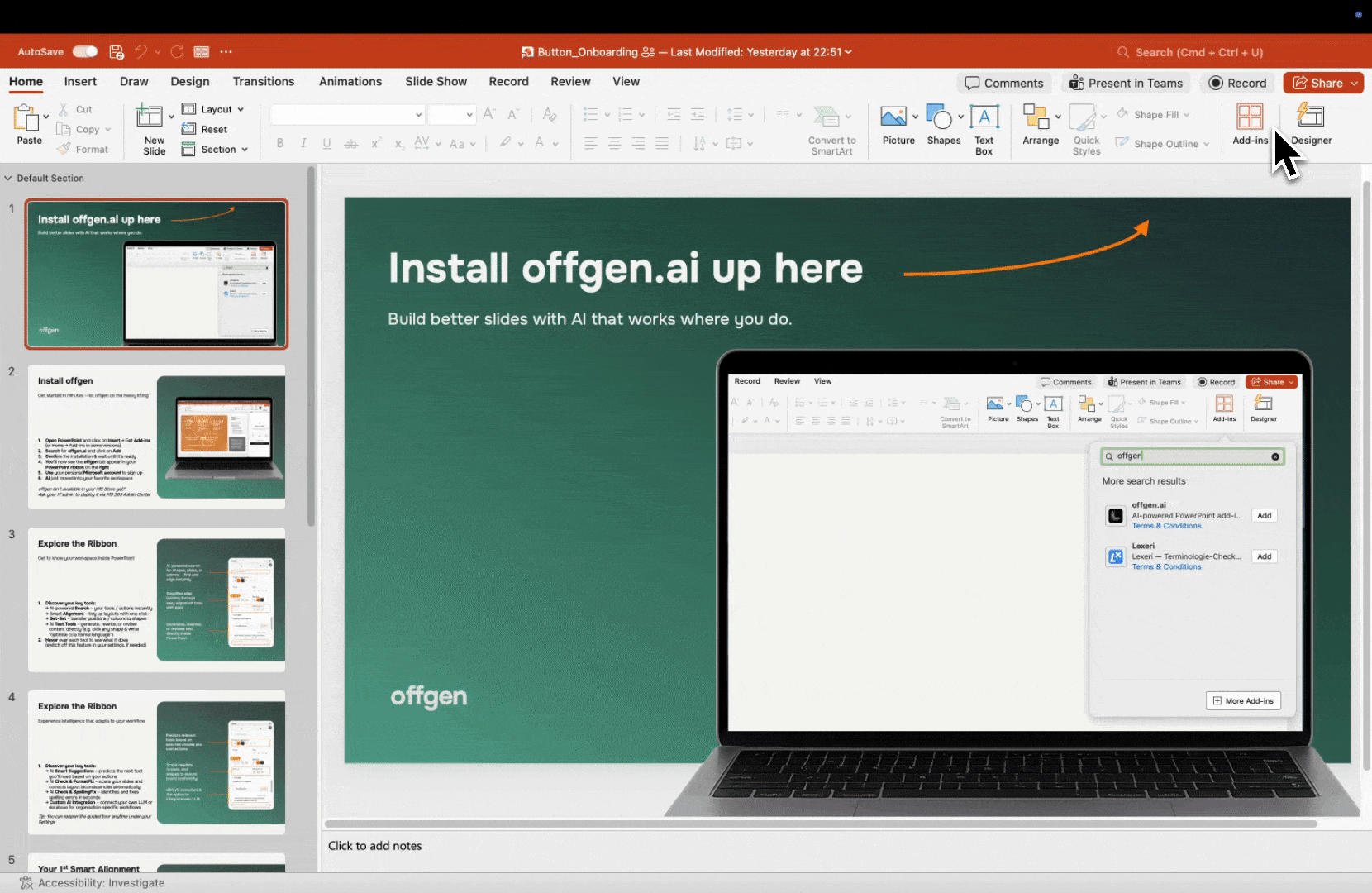 Installing the offgen add-in in PowerPoint