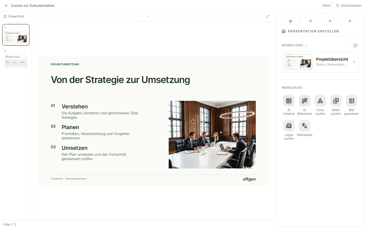 Der offgen-Aufgabenbereich auf der Startseite: die Workflow-Liste mit einer Workflow-Karte, Workflows aktualisieren und darunter die Werkzeuge.