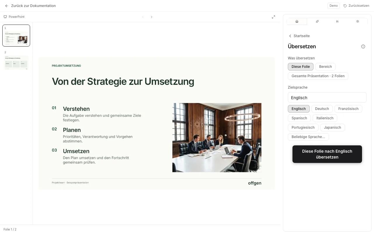 Das Werkzeug Übersetzen im offgen-Aufgabenbereich: Was übersetzen mit Diese Folie, Bereich und Gesamte Präsentation, die Zielsprache mit vorgeschlagenen Sprachen und die Schaltfläche zum Übersetzen.