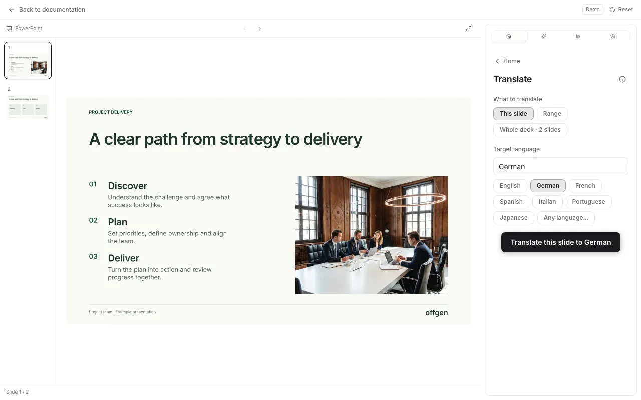 The Translate tool in the offgen task pane: What to translate with This slide, Range and Whole deck, the target language with suggested languages, and the Translate button.