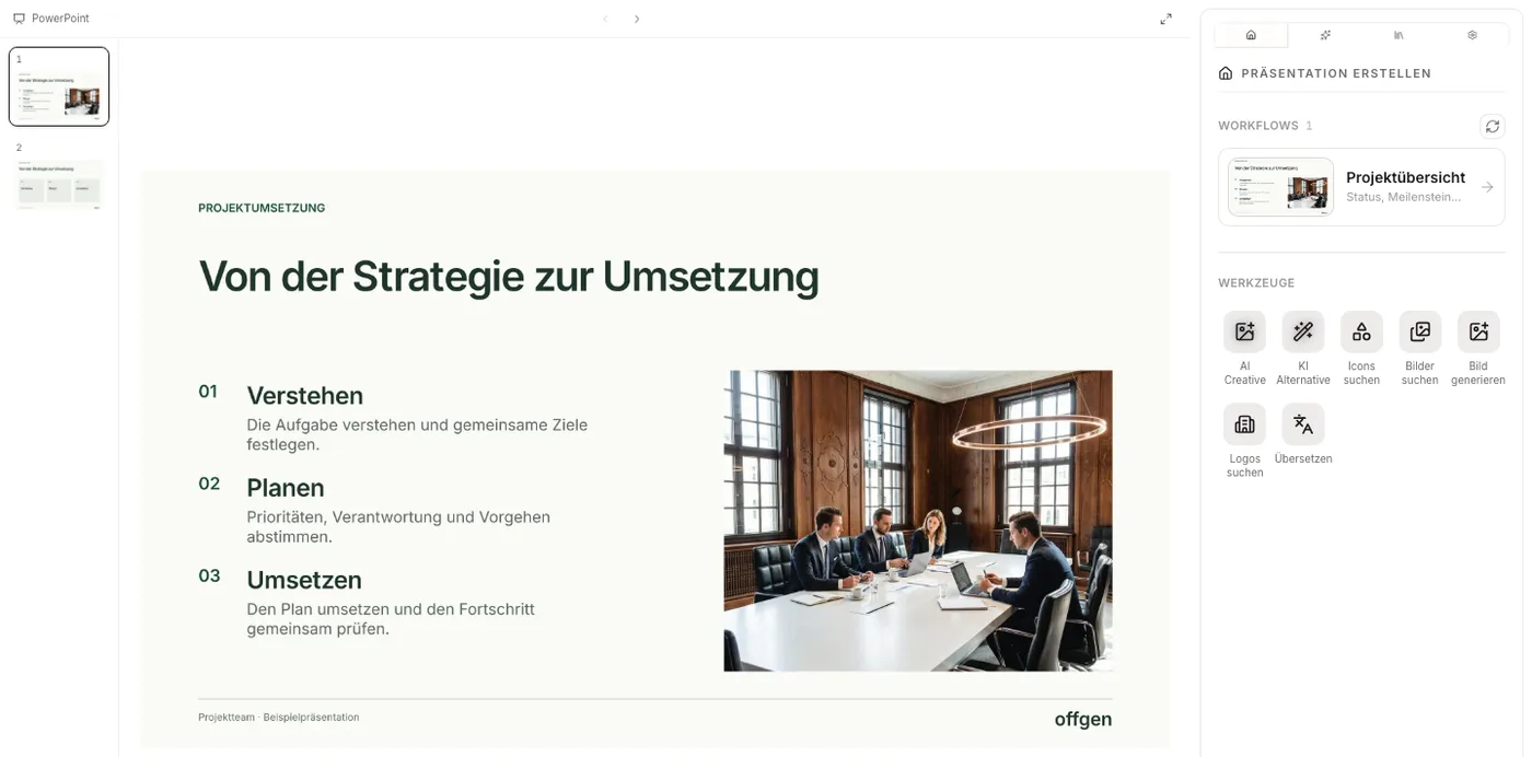 Eine Folie in PowerPoint mit dem offgen-Aufgabenbereich rechts. Die Startseite zeigt einen Workflow und Werkzeuge wie AI Creative, KI Alternative und Übersetzen.