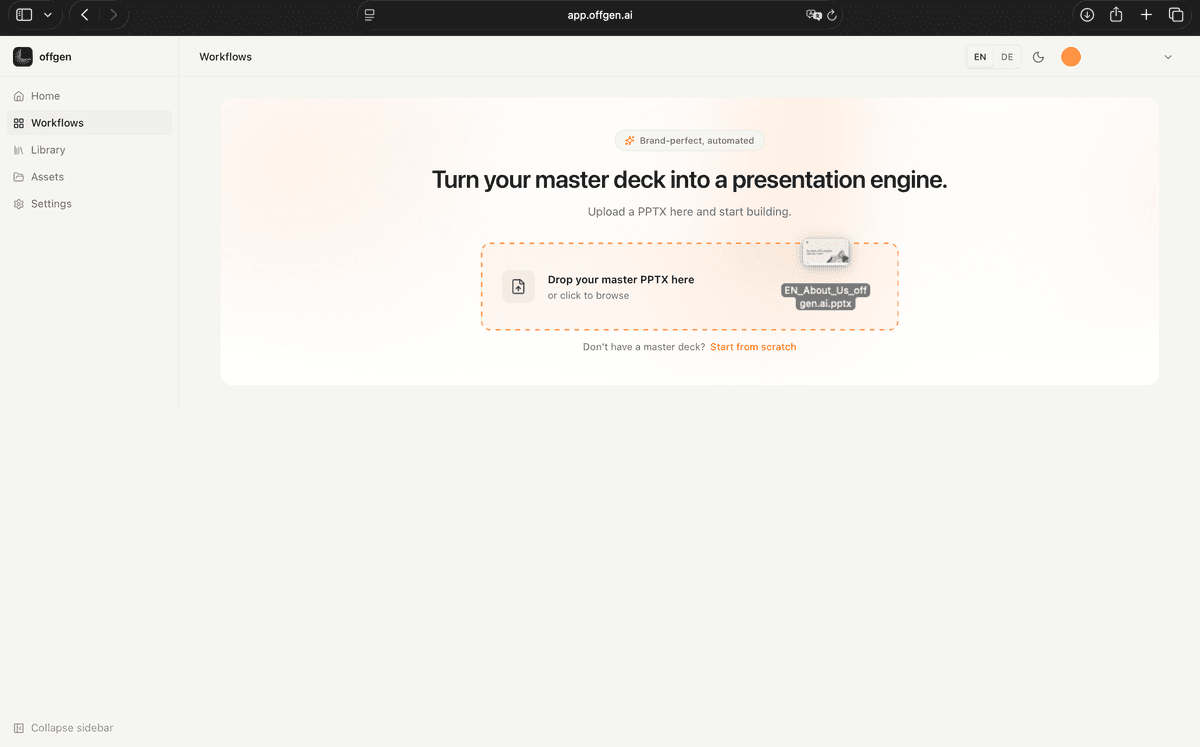 Upload screen showing an approved PowerPoint master and complete presentation template being added to offgen.