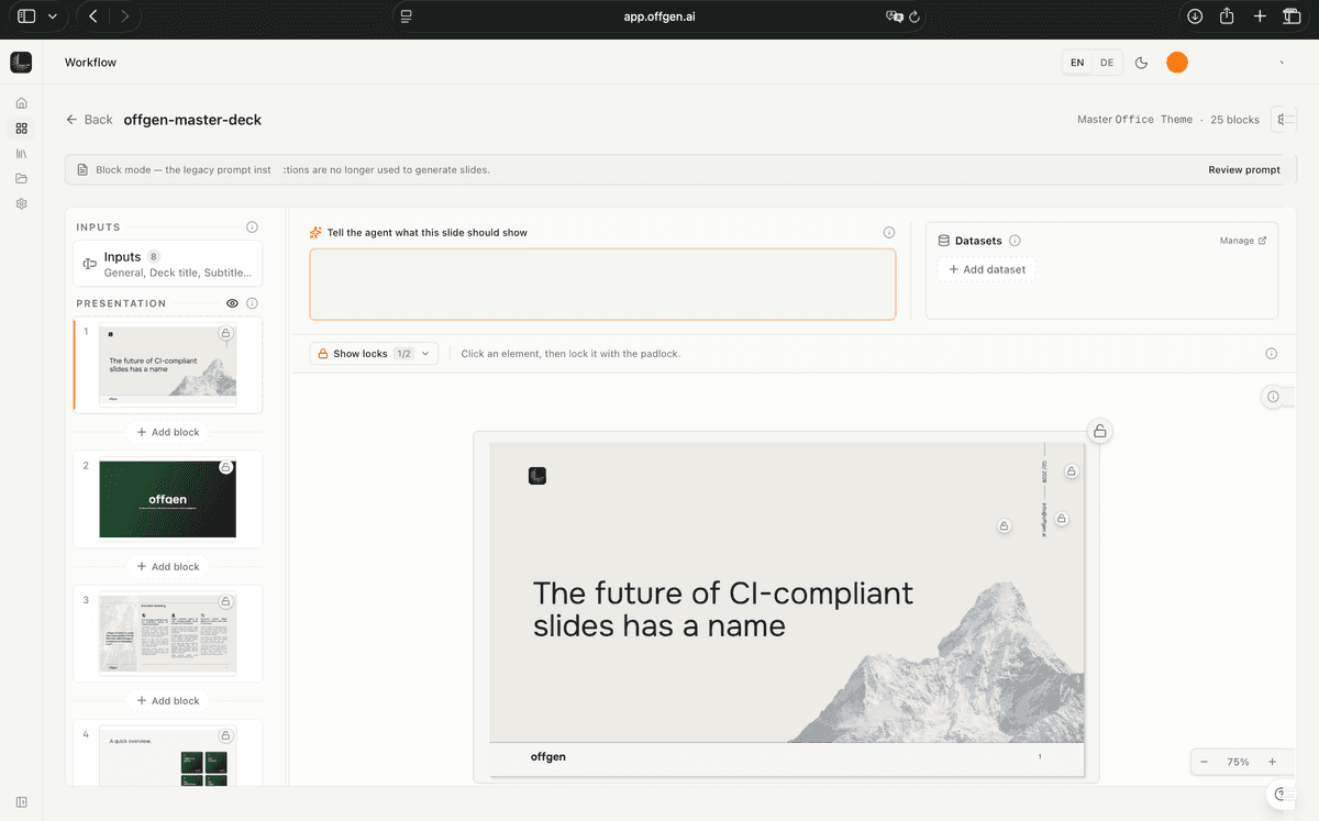 Master template with highlighted design rules for colors, fonts, spacing, bullets, and layouts.