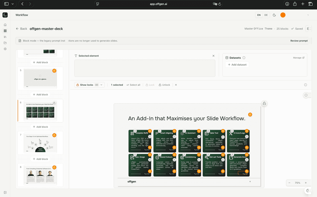Slide canvas with lock icons on protected elements and editable areas left open.