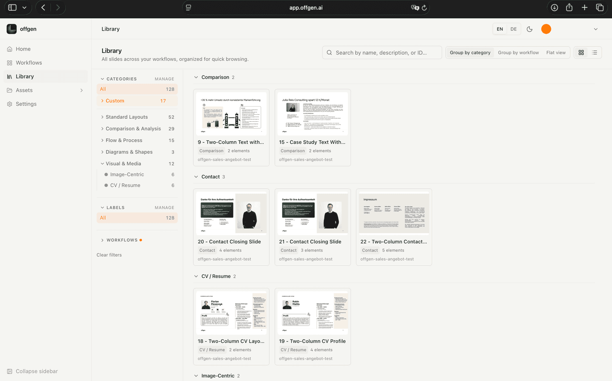 Reusable template, CV, and project-reference library with tags and search.