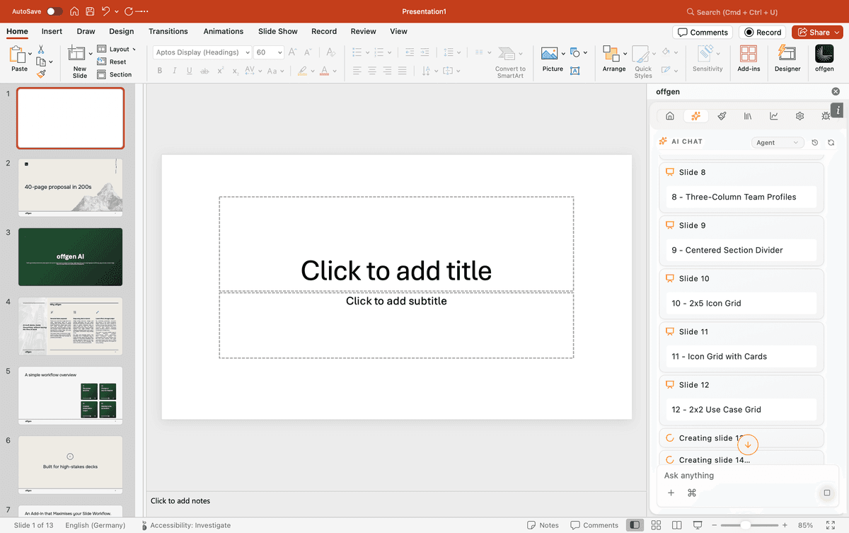 PowerPoint window with a generated proposal open for review and editing.