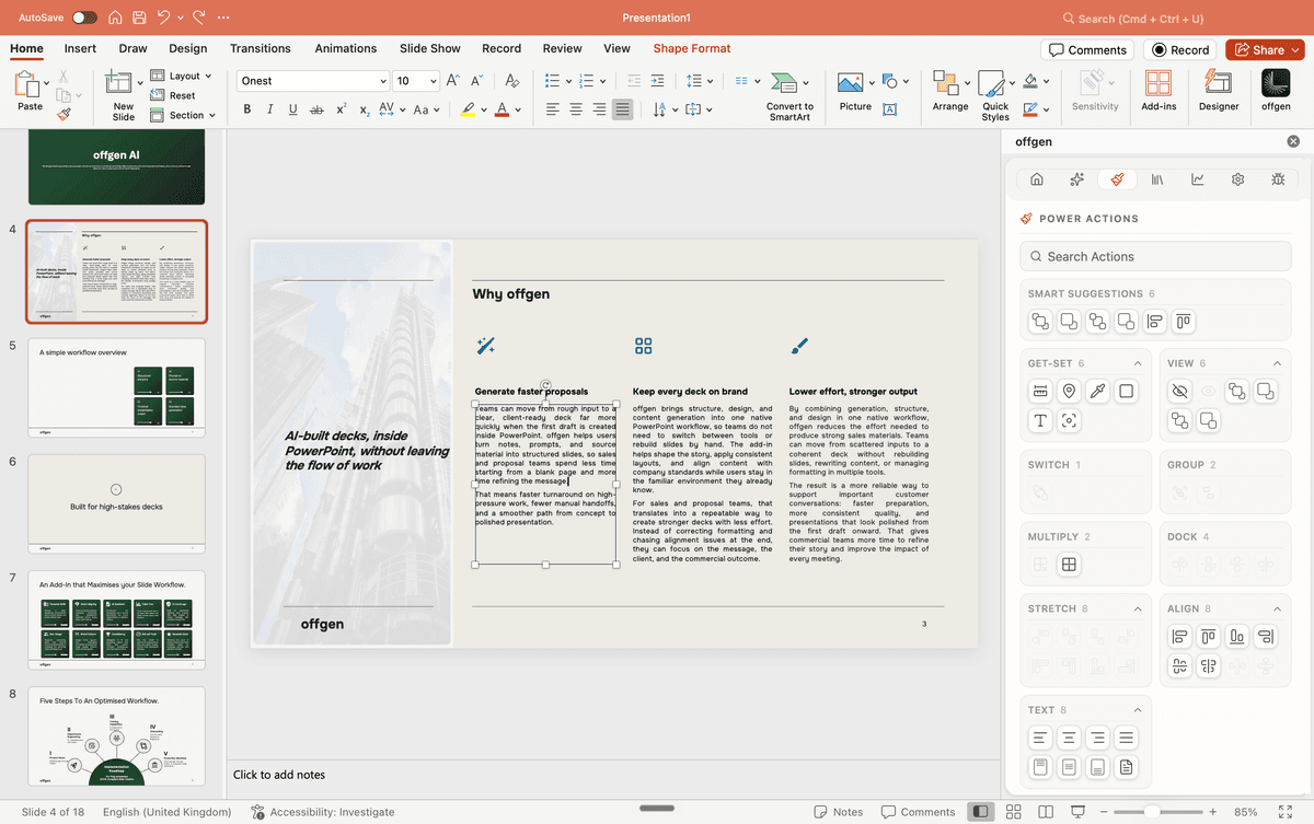 Generierte PowerPoint-Präsentation mit auswählbaren nativen Objekten und sichtbaren Bearbeitungsgriffen.
