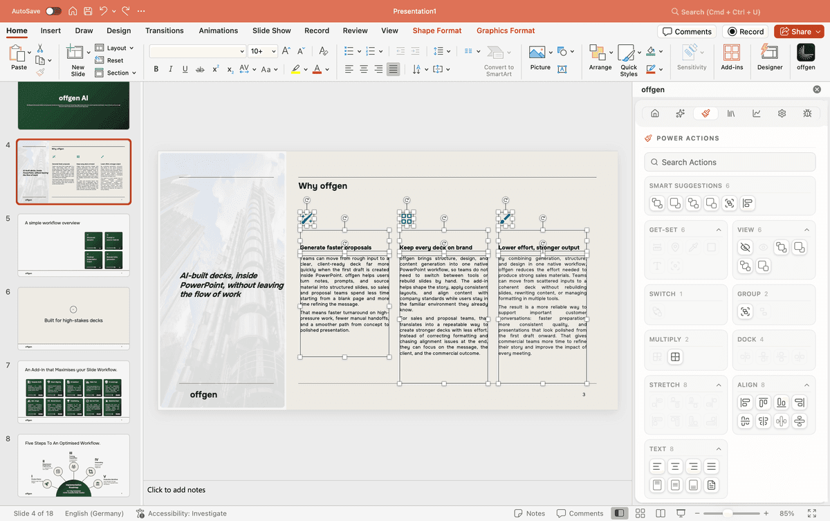 Native PowerPoint-Formen mit Bearbeitungsgriffen ausgewählt.