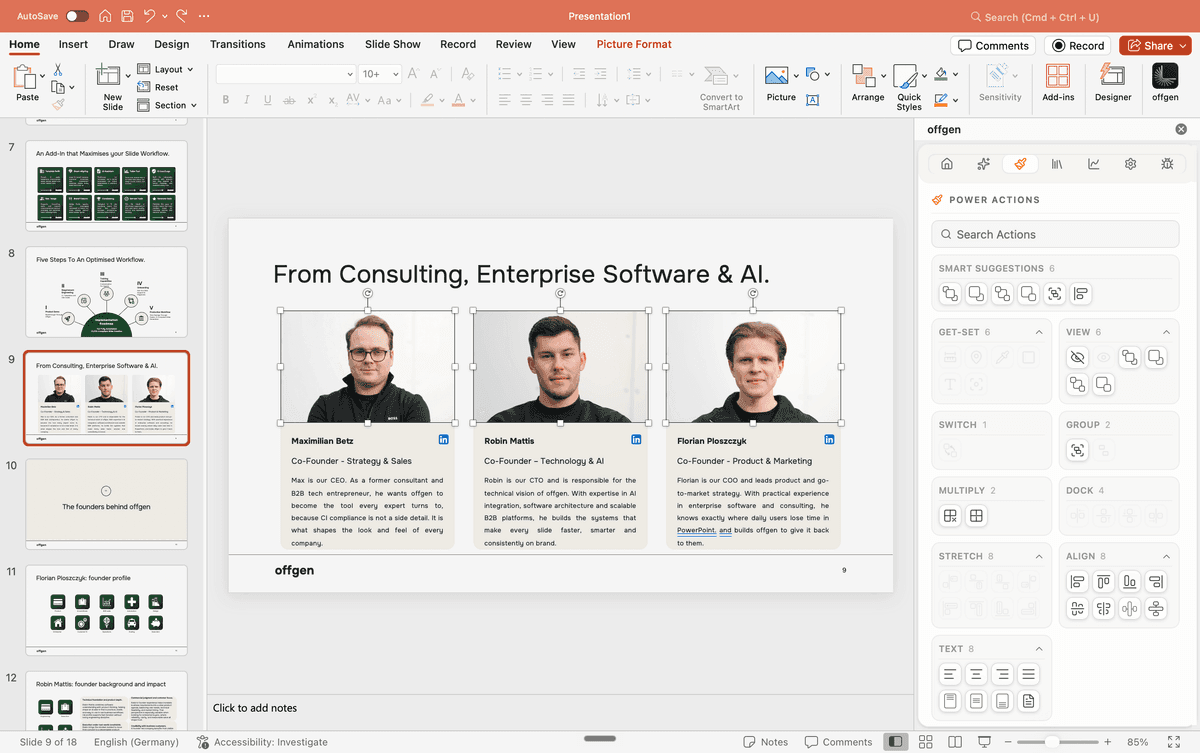 Vergleich zwischen flacher Folienausgabe und editierbarer nativer PowerPoint-Ausgabe.