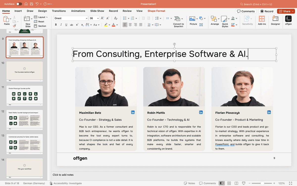 Generated PowerPoint deck with native shapes selected for editing.
