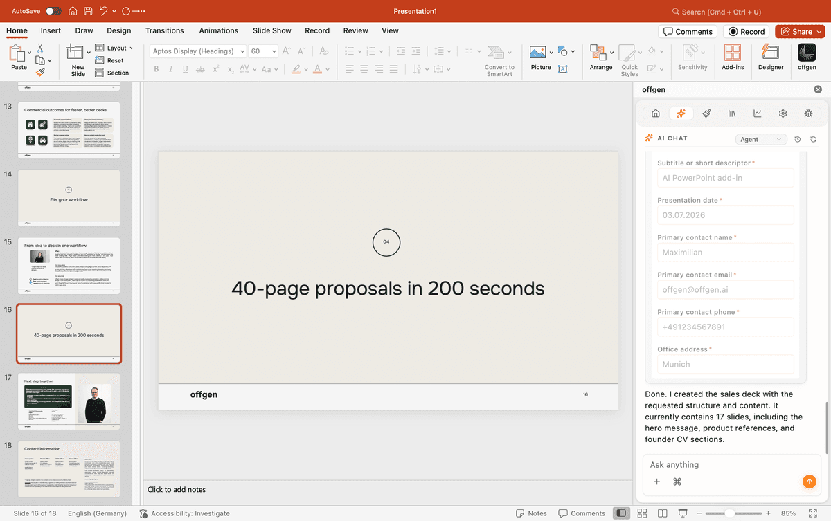 Generated proposal in PowerPoint with cover slide, agenda, content pages, CVs, and references in the company master.