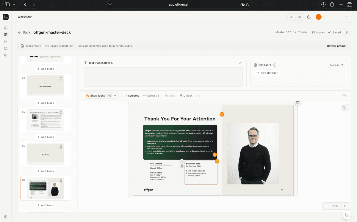 Template library with locked and editable slide elements clearly marked.