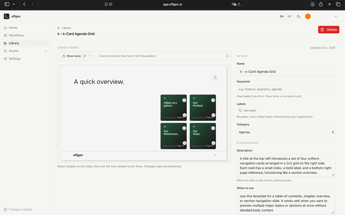 Skill-Builder-Webplattform mit Folienvorschau, Elementkontrollen, gesperrten Inhalten und Befüllregeln.
