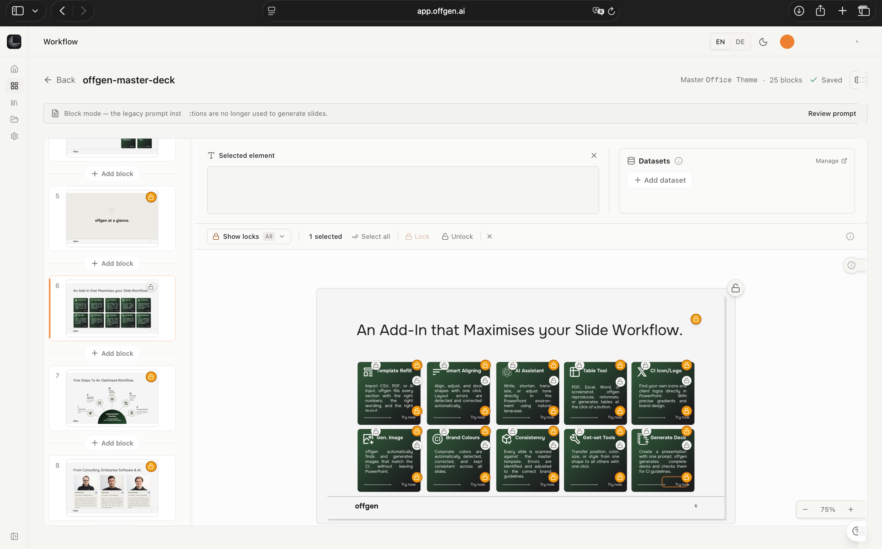 Slide canvas with lock icons on protected elements and editable areas left open.