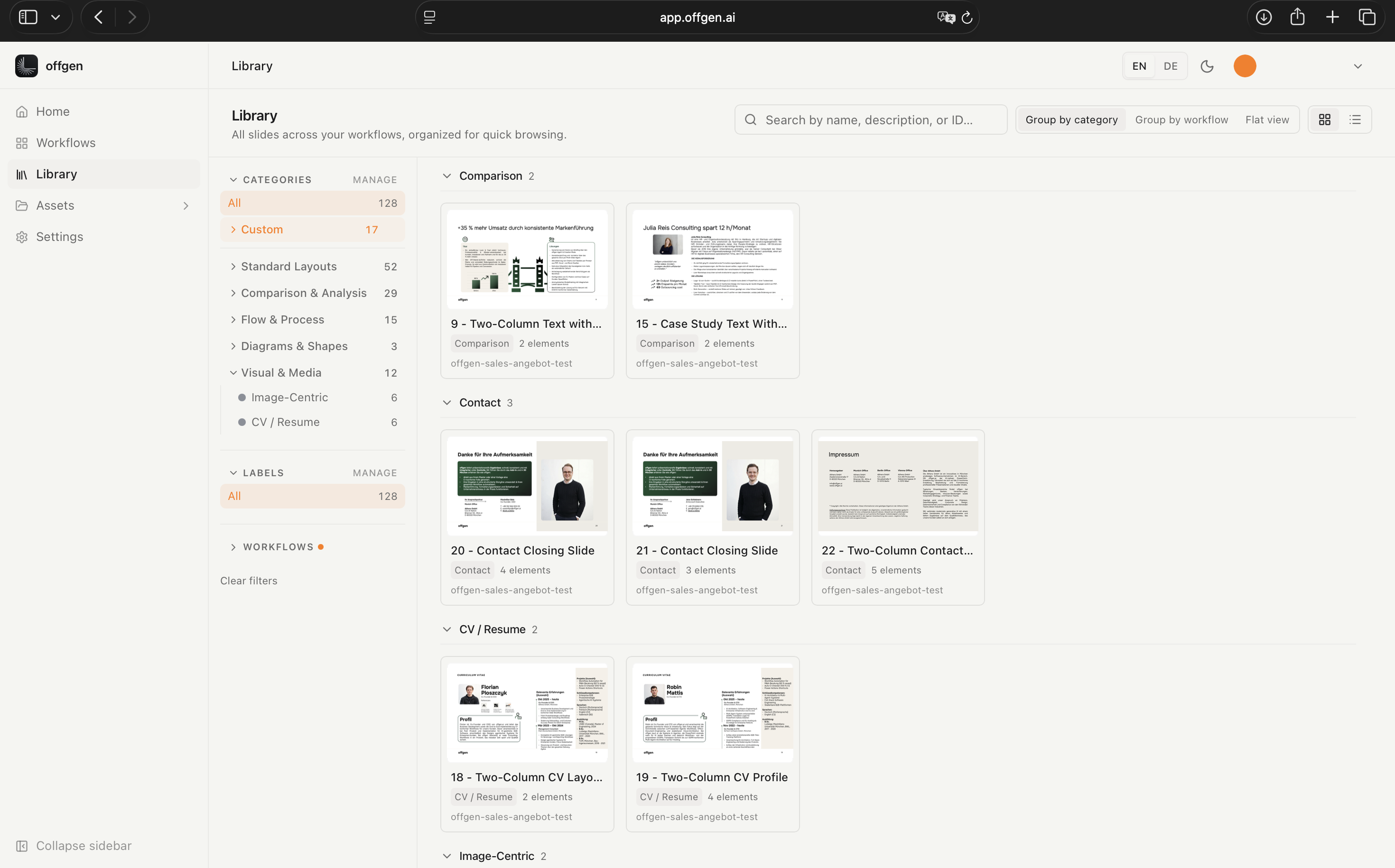 Reusable template, CV, and project-reference library with tags and search.