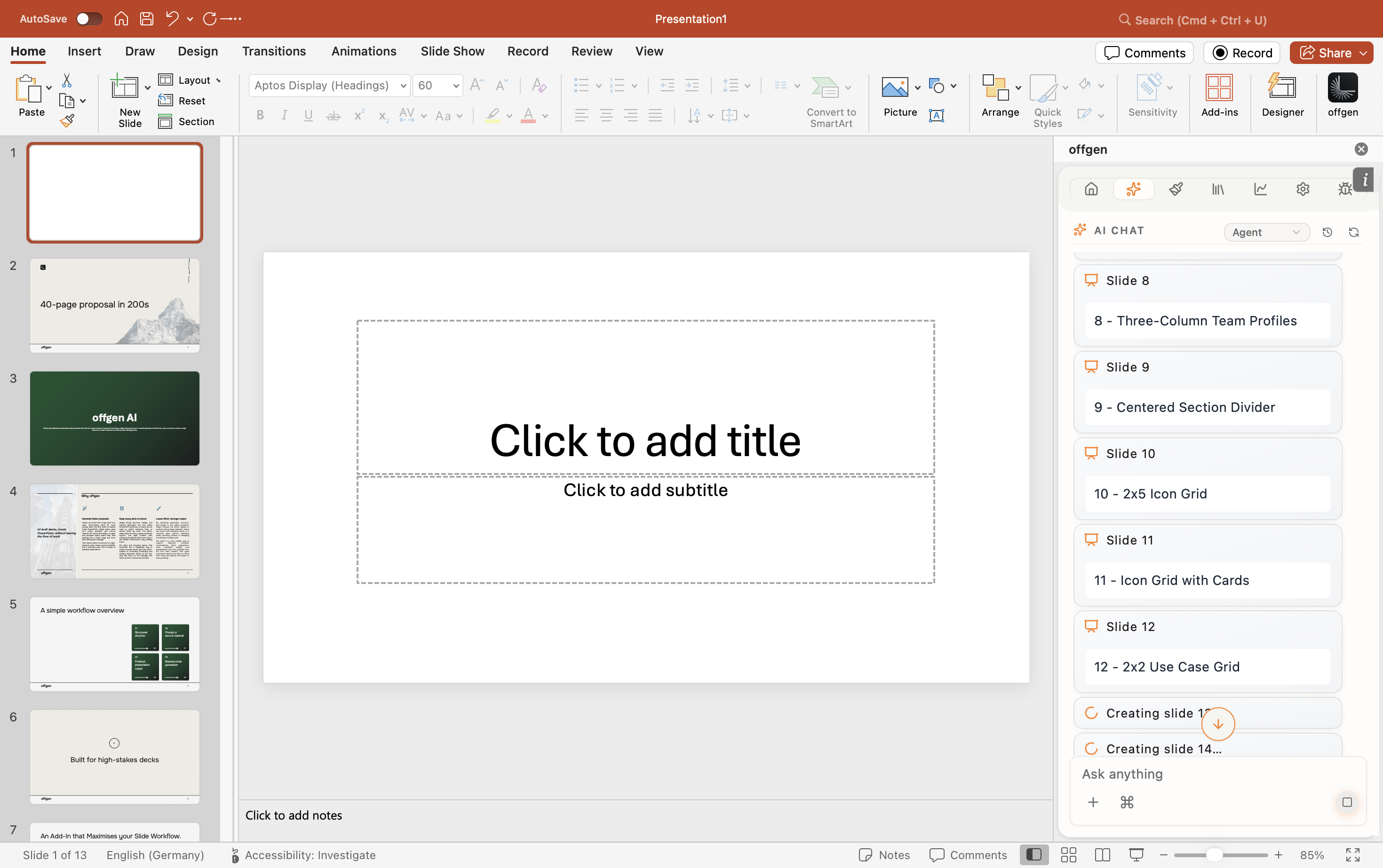PowerPoint window with a generated proposal open for review and editing.